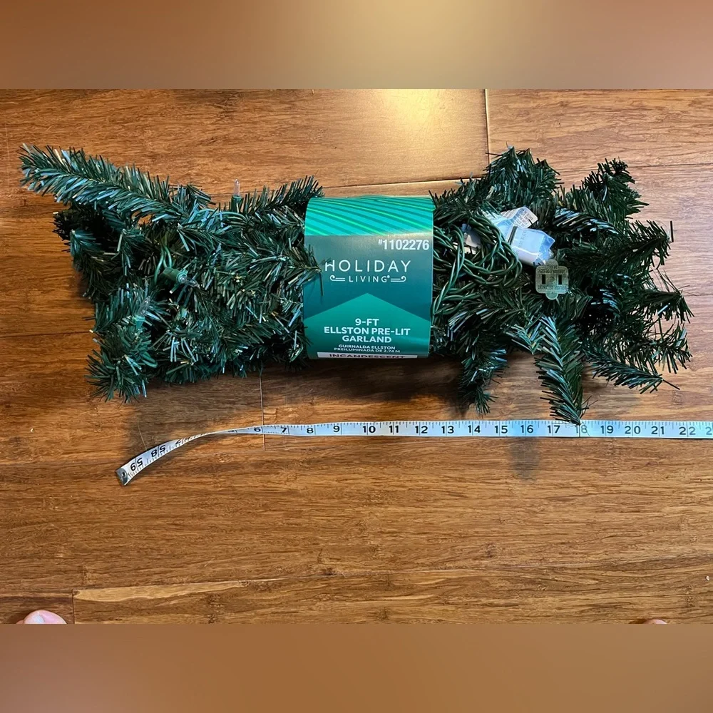 9 ft PRE-LIT garland w 35 clear lights & green cord. Indoor/outdoor. Hi quality.